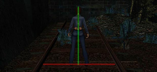 In this picture, Lara Croft from Tomb Raider: Angel of Darkness is standing between two rails. A red line connects the lines, a green line indicates Lara's height.