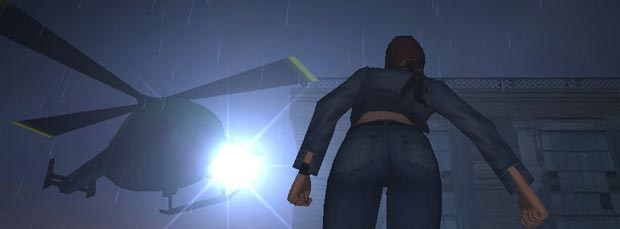 The helicopter is mainly a black mass that shines a blinding light your way